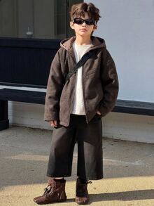 Dazy Kids Tween Boy Solid Color Hooded Casual Versatile Winter Travel Padded Coat Fall - Brown - View 5