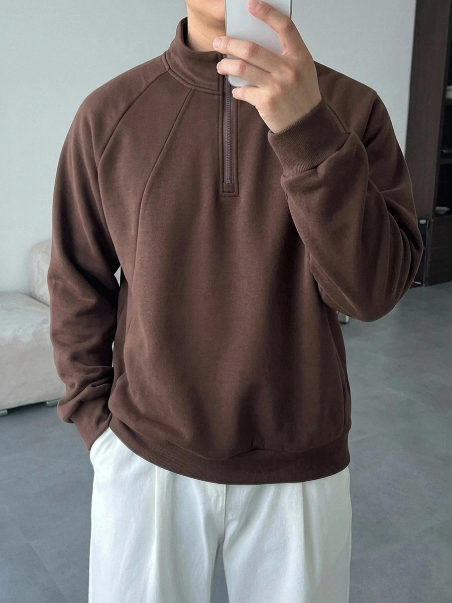 DAZY Brown Stand Collar Half-Zip Raglan Sleeve Patchwork Design Knit Comfortable Air Layer Fabric Men's Pullover Sweatshirt Fall - Brown - View 1