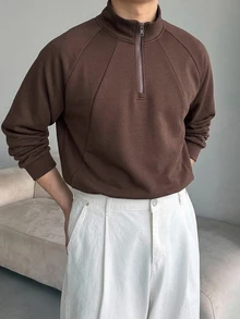 DAZY Brown Stand Collar Half-Zip Raglan Sleeve Patchwork Design Knit Comfortable Air Layer Fabric Men's Pullover Sweatshirt Fall - Brown - View 6