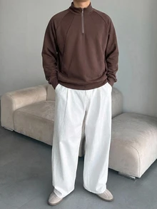 DAZY Brown Stand Collar Half-Zip Raglan Sleeve Patchwork Design Knit Comfortable Air Layer Fabric Men's Pullover Sweatshirt Fall - Brown - View 5
