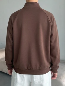 DAZY Brown Stand Collar Half-Zip Raglan Sleeve Patchwork Design Knit Comfortable Air Layer Fabric Men's Pullover Sweatshirt Fall - Brown - View 2