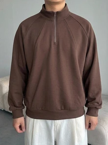 DAZY Brown Stand Collar Half-Zip Raglan Sleeve Patchwork Design Knit Comfortable Air Layer Fabric Men's Pullover Sweatshirt Fall - Brown - View 7