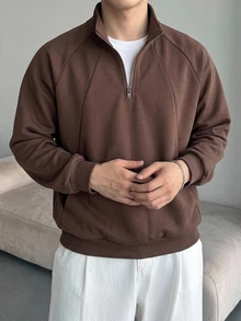 DAZY Brown Stand Collar Half-Zip Raglan Sleeve Patchwork Design Knit Comfortable Air Layer Fabric Men's Pullover Sweatshirt Fall - Brown - View 8