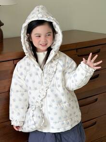 DAZY Winter New Young Girl Floral Korean Style Sweet Loose Ruffle Padded Coat With Crossbody Bag Fall - Baby Blue - View 5