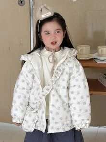 DAZY Winter New Young Girl Floral Korean Style Sweet Loose Ruffle Padded Coat With Crossbody Bag Fall - Baby Blue - View 6
