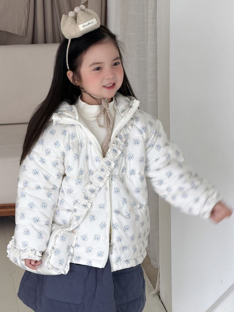 DAZY Winter New Young Girl Floral Korean Style Sweet Loose Ruffle Padded Coat With Crossbody Bag Fall - Baby Blue - View 4
