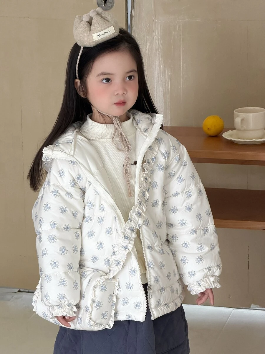 DAZY Winter New Young Girl Floral Korean Style Sweet Loose Ruffle Padded Coat With Crossbody Bag Fall - Baby Blue - View 1