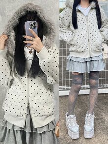 FRIFUL 女款波點印花毛領連帽衛衣 秋季 - 灰色 - 查看 2