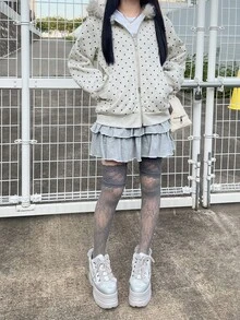 FRIFUL 女款波點印花毛領連帽衛衣 秋季 - 灰色 - 查看 3