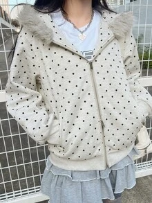 FRIFUL 女款波點印花毛領連帽衛衣 秋季 - 灰色 - 查看 5
