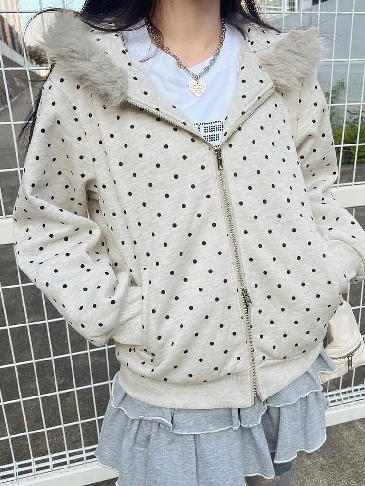 FRIFUL Sweatshirt Berkerudung Wanita Motif Polkadot dengan Kerah Bulu untuk Musim Gugur - Grey - View 5