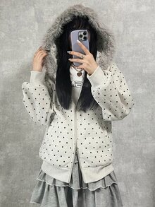 FRIFUL 女款波點印花毛領連帽衛衣 秋季 - 灰色 - 查看 1