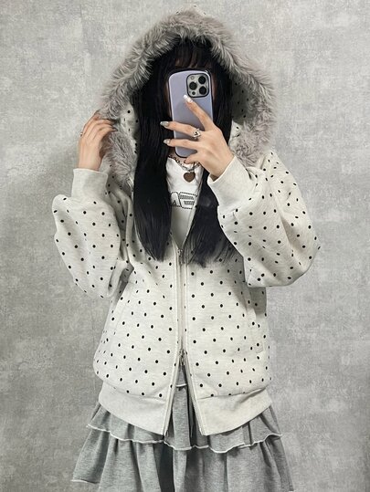 FRIFUL Women's Polka Dot Print Fur Collar Hooded Sweatshirt Fall