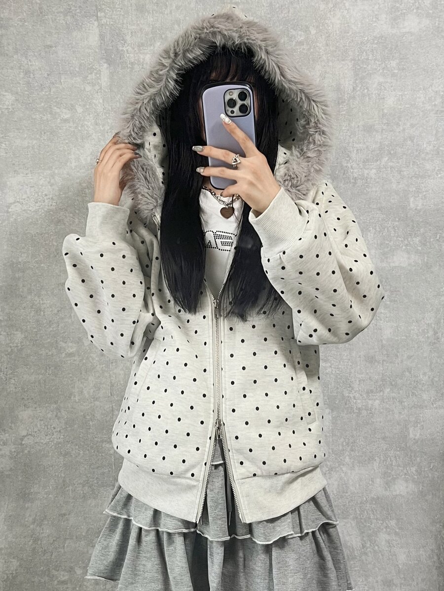 FRIFUL 女款波點印花毛領連帽衛衣 秋季 - 灰色 - 查看 1