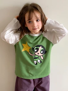 THE POWERPUFF GIRLS X DAZY Kaos Pullover Leher Bulat Warna Kontras Gaya Kasual Longgar Dasar untuk Anak Perempuan Musim Gugur - Hijau - View 5