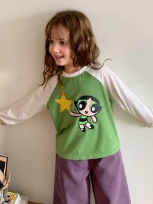 THE POWERPUFF GIRLS X DAZY Kaos Pullover Leher Bulat Warna Kontras Gaya Kasual Longgar Dasar untuk Anak Perempuan Musim Gugur - Hijau - View 6