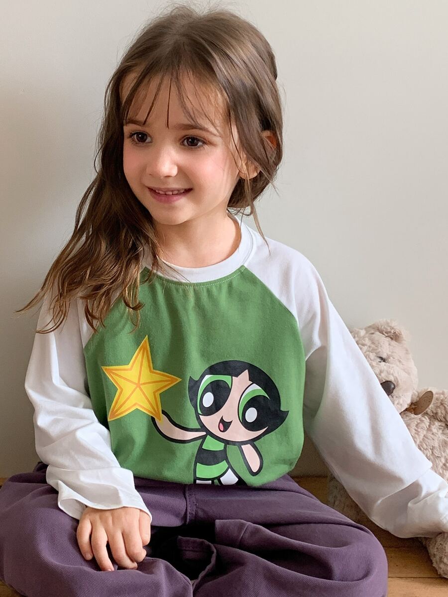 THE POWERPUFF GIRLS X DAZY Kaos Pullover Leher Bulat Warna Kontras Gaya Kasual Longgar Dasar untuk Anak Perempuan Musim Gugur - Hijau - View 1