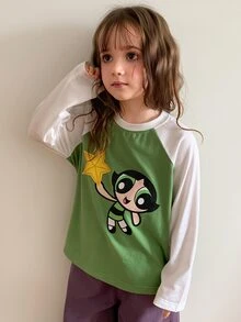 THE POWERPUFF GIRLS X DAZY Kaos Pullover Leher Bulat Warna Kontras Gaya Kasual Longgar Dasar untuk Anak Perempuan Musim Gugur - Hijau - View 4