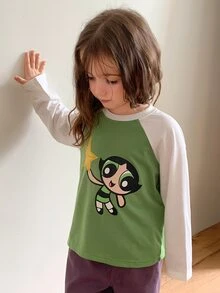 THE POWERPUFF GIRLS X DAZY Kaos Pullover Leher Bulat Warna Kontras Gaya Kasual Longgar Dasar untuk Anak Perempuan Musim Gugur - Hijau - View 2