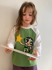 THE POWERPUFF GIRLS X DAZY Kaos Pullover Leher Bulat Warna Kontras Gaya Kasual Longgar Dasar untuk Anak Perempuan Musim Gugur - Hijau - View 9