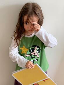 THE POWERPUFF GIRLS X DAZY Kaos Pullover Leher Bulat Warna Kontras Gaya Kasual Longgar Dasar untuk Anak Perempuan Musim Gugur - Hijau - View 3