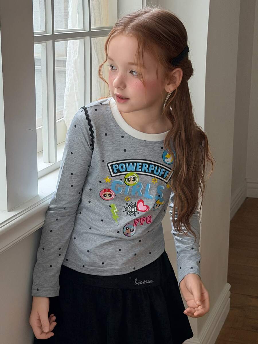 THE POWERPUFF GIRLS X DAZY Kaos Anak Perempuan Remaja Motif Kartun & Huruf dengan Trim Kontras untuk Musim Gugur - Putih - View 1