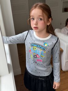 THE POWERPUFF GIRLS X DAZY Kaos Anak Perempuan Remaja Motif Kartun & Huruf dengan Trim Kontras untuk Musim Gugur - Putih - View 2
