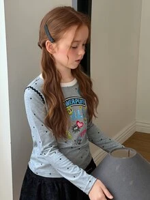 THE POWERPUFF GIRLS X DAZY Kaos Anak Perempuan Remaja Motif Kartun & Huruf dengan Trim Kontras untuk Musim Gugur - Putih - View 3