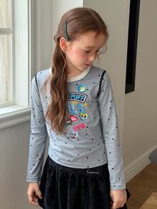 THE POWERPUFF GIRLS X DAZY Kaos Anak Perempuan Remaja Motif Kartun & Huruf dengan Trim Kontras untuk Musim Gugur - Putih - View 5