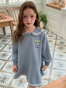 THE POWERPUFF GIRLS X DAZY Navy Collar Cute Blue Long Sleeve Autumn/Winter Tween Girl Dress - Blue - View 7