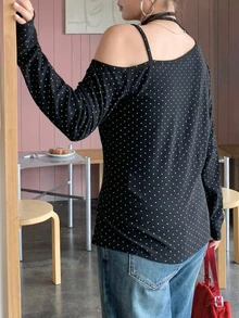 Betty Boop x DAZY Curve Cartoon Print Polka Dot Fitted Pure Desire One Shoulder Halter Tie T-Shirt, Spring/Autumn - Black - View 2