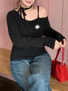 Betty Boop x DAZY Curve Cartoon Print Polka Dot Fitted Pure Desire One Shoulder Halter Tie T-Shirt, Spring/Autumn - Black - View 3