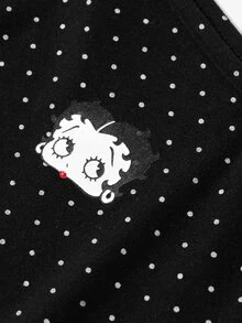 Betty Boop x DAZY Curve Cartoon Print Polka Dot Fitted Pure Desire One Shoulder Halter Tie T-Shirt, Spring/Autumn - Black - View 4