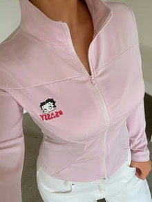 Betty Boop x DAZY Curve Jaket Kasual Olahraga Pas Badan Motif Kartun Ukuran Besar Musim Semi/Gugur Terbaru Warna Pink - Berwarna merah muda - View 1