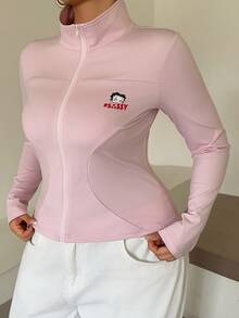 Betty Boop x DAZY Curve Jaket Kasual Olahraga Pas Badan Motif Kartun Ukuran Besar Musim Semi/Gugur Terbaru Warna Pink - Berwarna merah muda - View 8