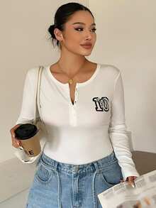 Betty Boop x DAZY Curve Cartoon Print Fitted Half-Placket White Long Sleeve Versatile Spring Summer Autumn T-Shirt - Beige - View 9