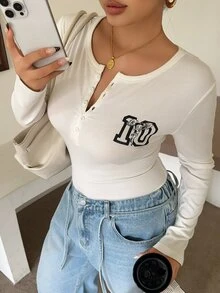 Betty Boop x DAZY Curve Cartoon Print Fitted Half-Placket White Long Sleeve Versatile Spring Summer Autumn T-Shirt - Beige - View 7