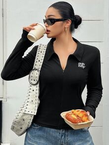 Betty Boop x DAZY Curve Kaos Hitam Lengan Panjang Kasual Pas Badan dengan Motif Huruf, Cocok untuk Blogger dan Cocok untuk Musim Gugur. - Hitam - View 5