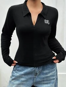 Betty Boop x DAZY Curve Kaos Hitam Lengan Panjang Kasual Pas Badan dengan Motif Huruf, Cocok untuk Blogger dan Cocok untuk Musim Gugur. - Hitam - View 9
