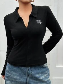 Betty Boop x DAZY Curve Kaos Hitam Lengan Panjang Kasual Pas Badan dengan Motif Huruf, Cocok untuk Blogger dan Cocok untuk Musim Gugur. - Hitam - View 8