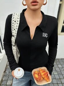 Betty Boop x DAZY Curve Kaos Hitam Lengan Panjang Kasual Pas Badan dengan Motif Huruf, Cocok untuk Blogger dan Cocok untuk Musim Gugur. - Hitam - View 7
