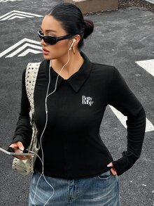 Betty Boop x DAZY Curve Kaos Hitam Lengan Panjang Kasual Pas Badan dengan Motif Huruf, Cocok untuk Blogger dan Cocok untuk Musim Gugur. - Hitam - View 6