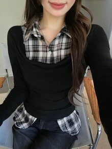 DAZY 女款格紋拼色休閒日常長袖T恤 秋季 - 黑色 - 查看 5
