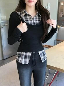 DAZY 女款格紋拼色休閒日常長袖T恤 秋季 - 黑色 - 查看 4