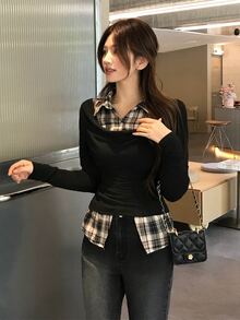 DAZY 女款格紋拼色休閒日常長袖T恤 秋季 - 黑色 - 查看 3