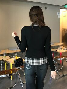 DAZY 女款格紋拼色休閒日常長袖T恤 秋季 - 黑色 - 查看 2