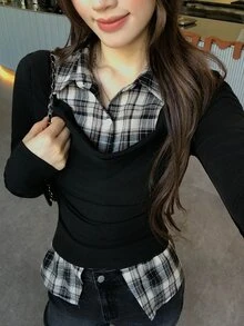 DAZY 女款格紋拼色休閒日常長袖T恤 秋季 - 黑色 - 查看 8