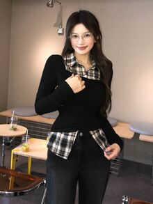 DAZY 女款格紋拼色休閒日常長袖T恤 秋季 - 黑色 - 查看 7