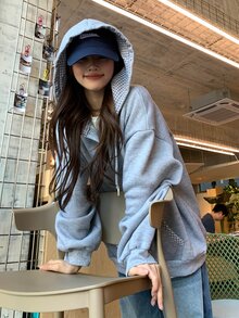 DAZY Sweatshirt Lengan Panjang Wanita Gaya Korea Estetika Gadis dengan Tudung, Musim Semi/Panas/Gugur - Grey - View 7