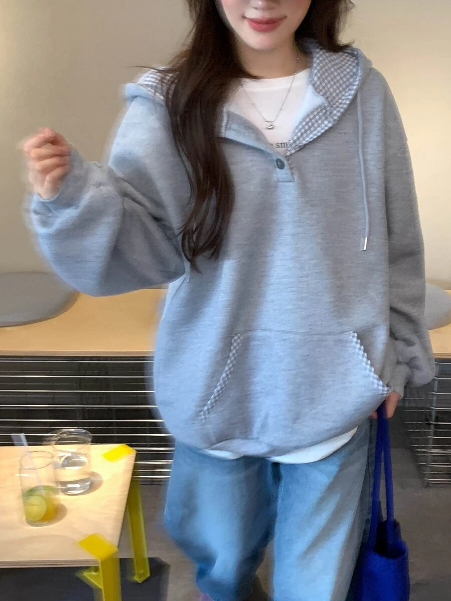 DAZY Sweatshirt Lengan Panjang Wanita Gaya Korea Estetika Gadis dengan Tudung, Musim Semi/Panas/Gugur - Grey - View 1